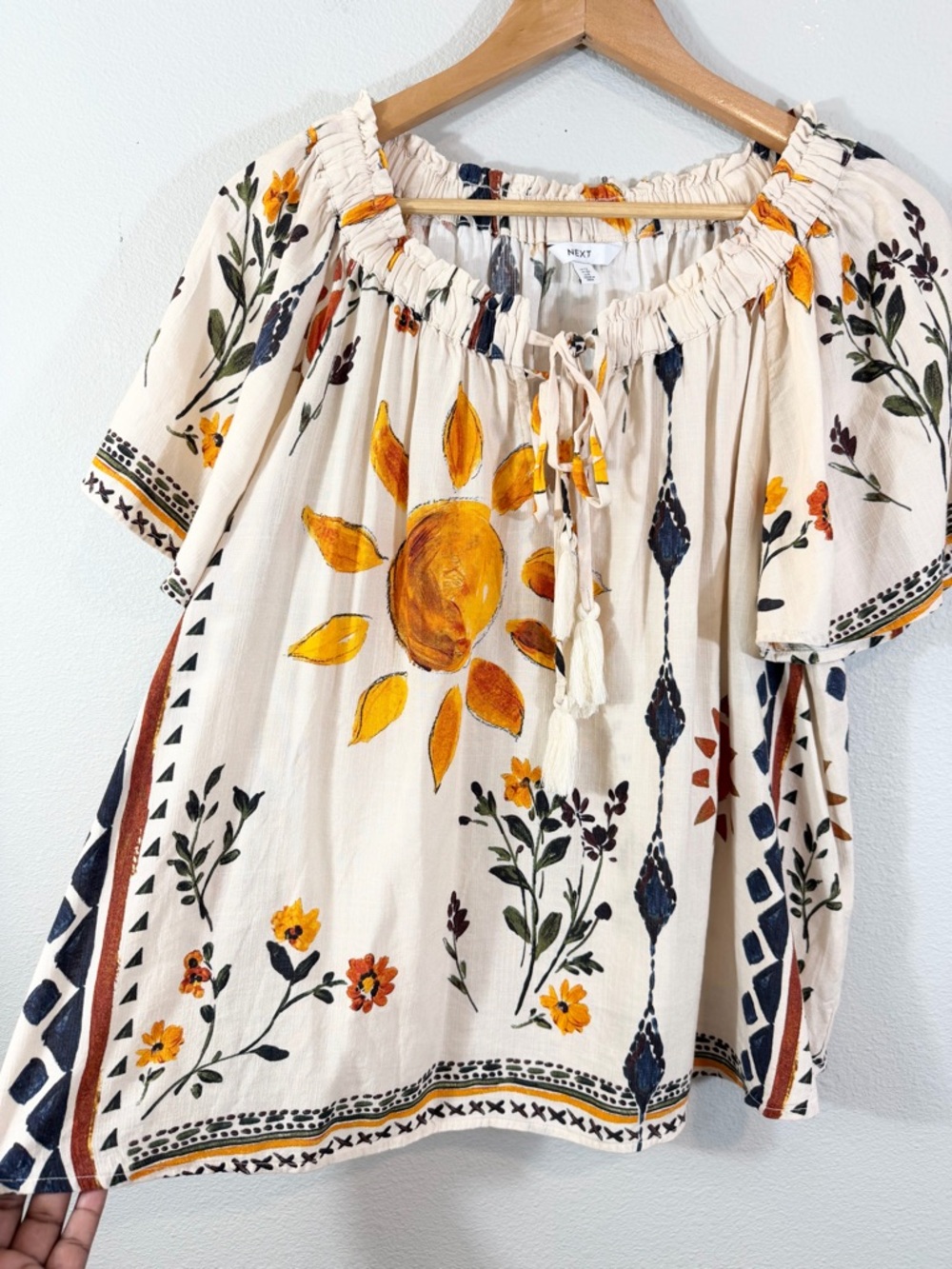 Next Floral Print Linen Blend Top Size US 8 Cream Sunshine Boho Off Shoulder - Picture 2 of 12